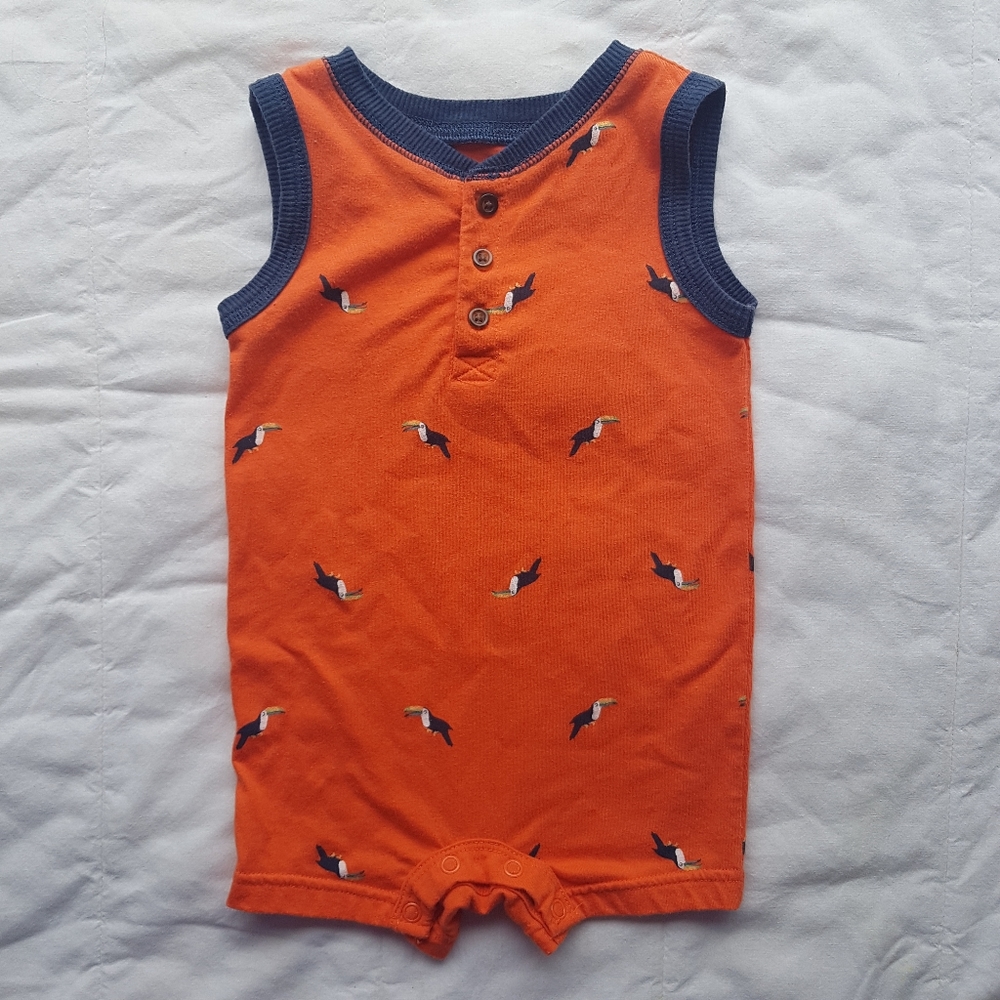 George Orange Sleeveless Romper with Navy Trim and Toucan Print